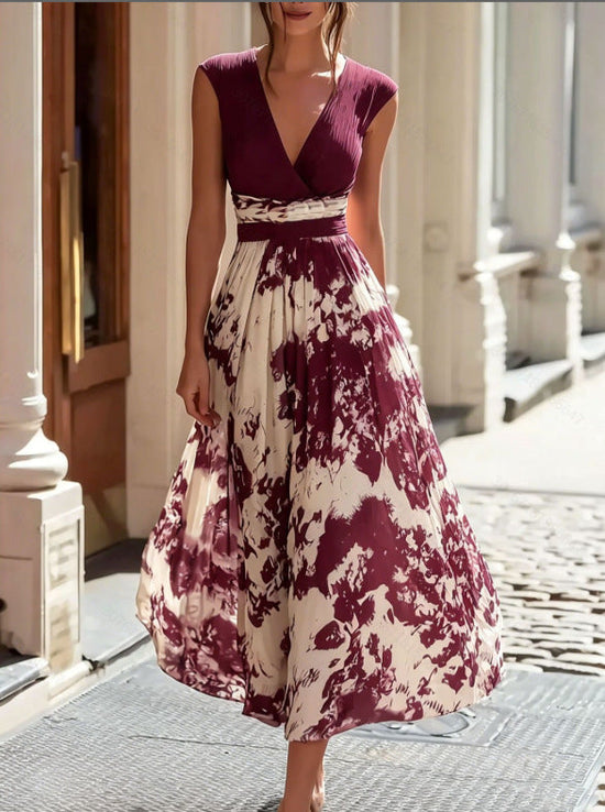 Elegant Long Sleeveless V-Neck Blue and White Porcelain Print Dress Summer Formal Dress 