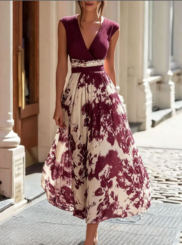 Elegant Long Sleeveless V-Neck Blue and White Porcelain Print Dress Summer Formal Dress 