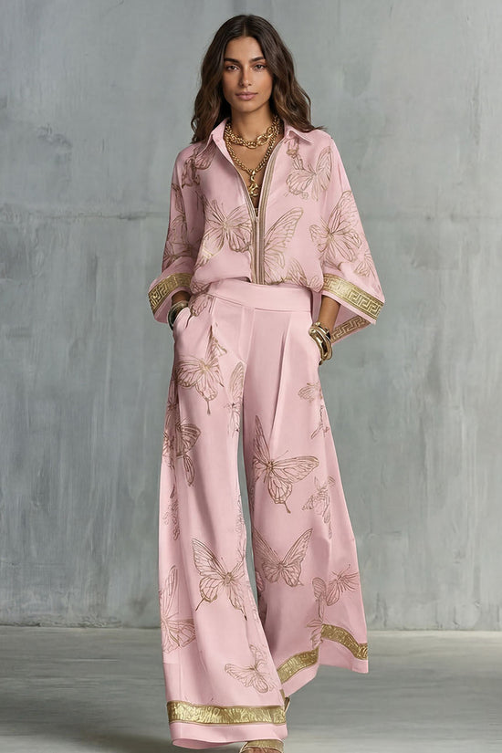 Style Women's Retro Printed Sexy Deep V Neck Loose Zipper Top with Wide Leg Pants Two-Piece Set 