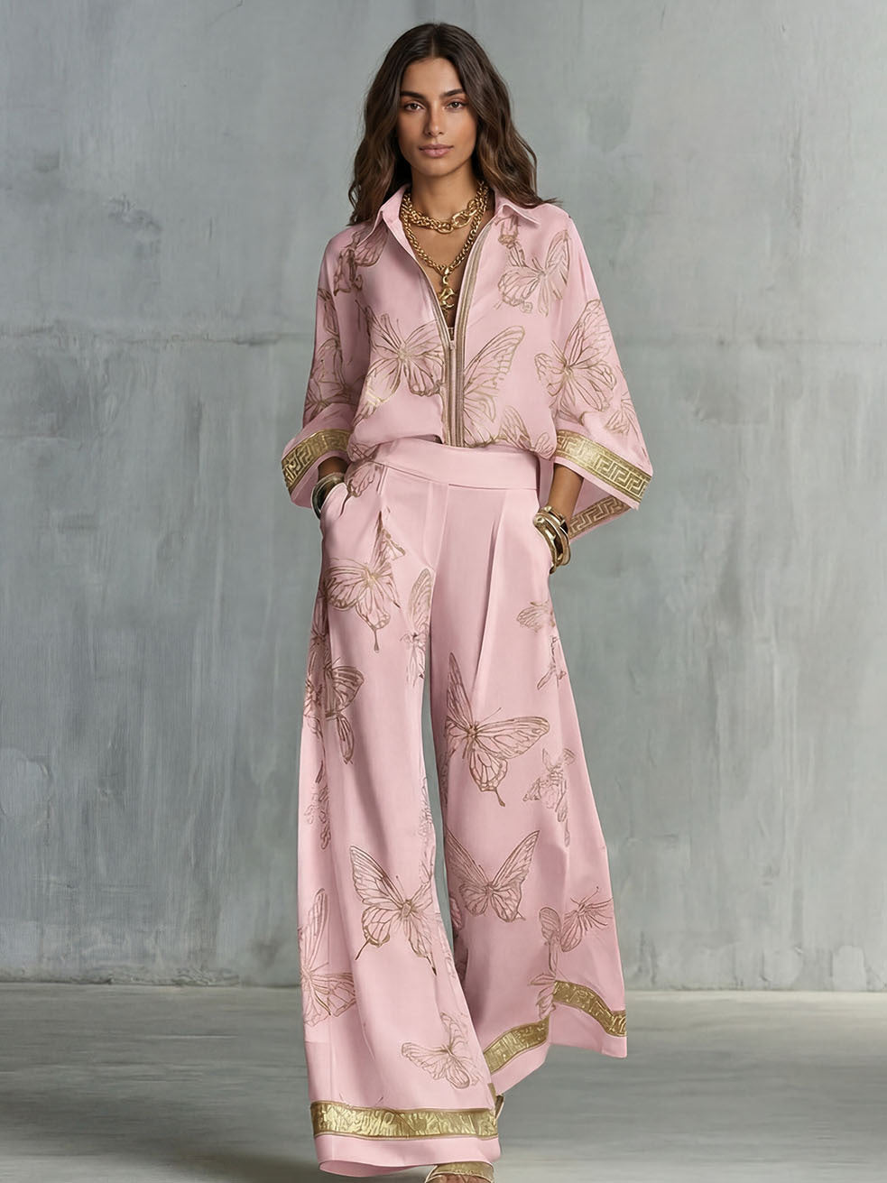 Style Women's Retro Printed Sexy Deep V Neck Loose Zipper Top with Wide Leg Pants Two-Piece Set 