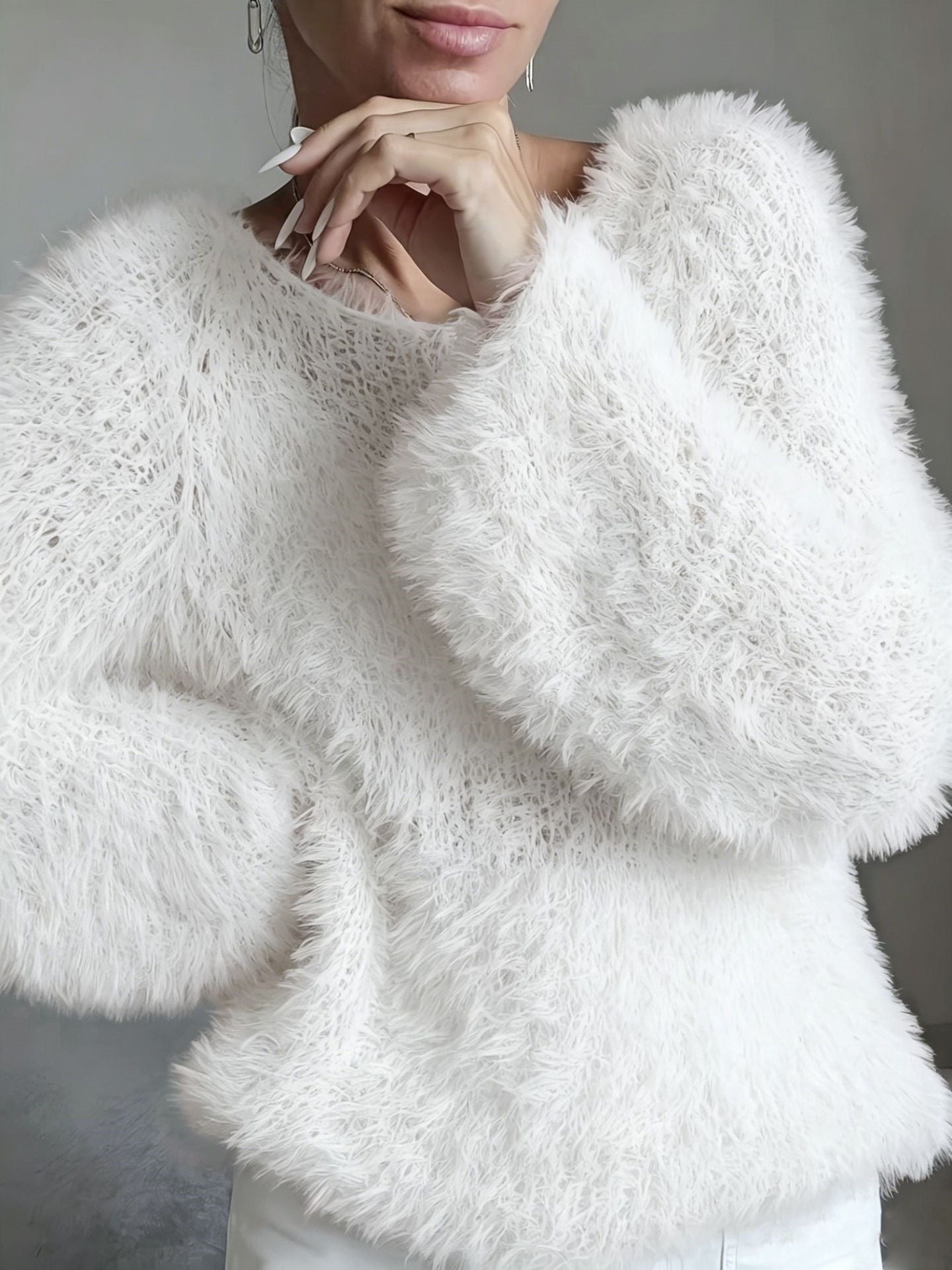 Women's macaron round neck fluffy solid color long sleeved fur top 