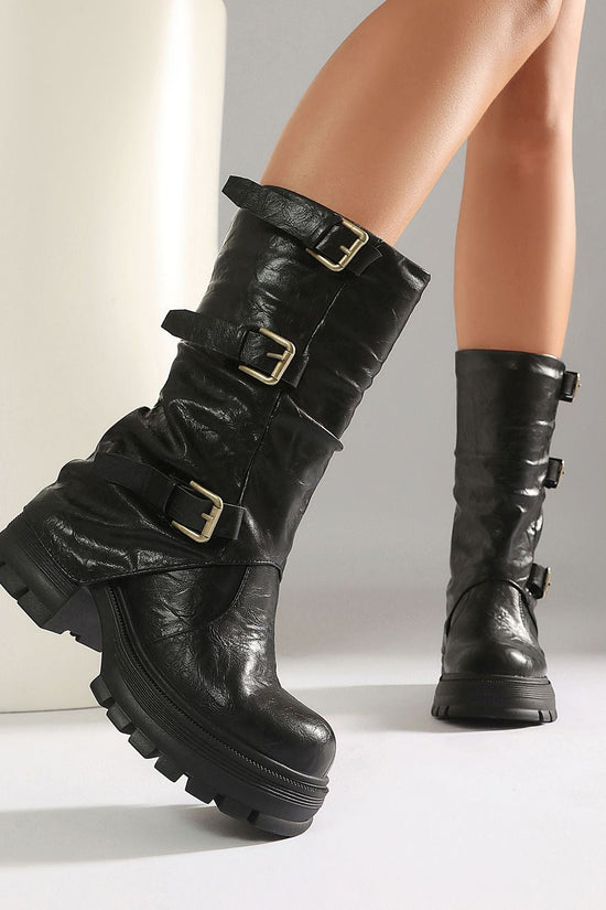 Thick Heel High Heel Women's Short Boots with Belt Buckle Slip-On Tube Boots 