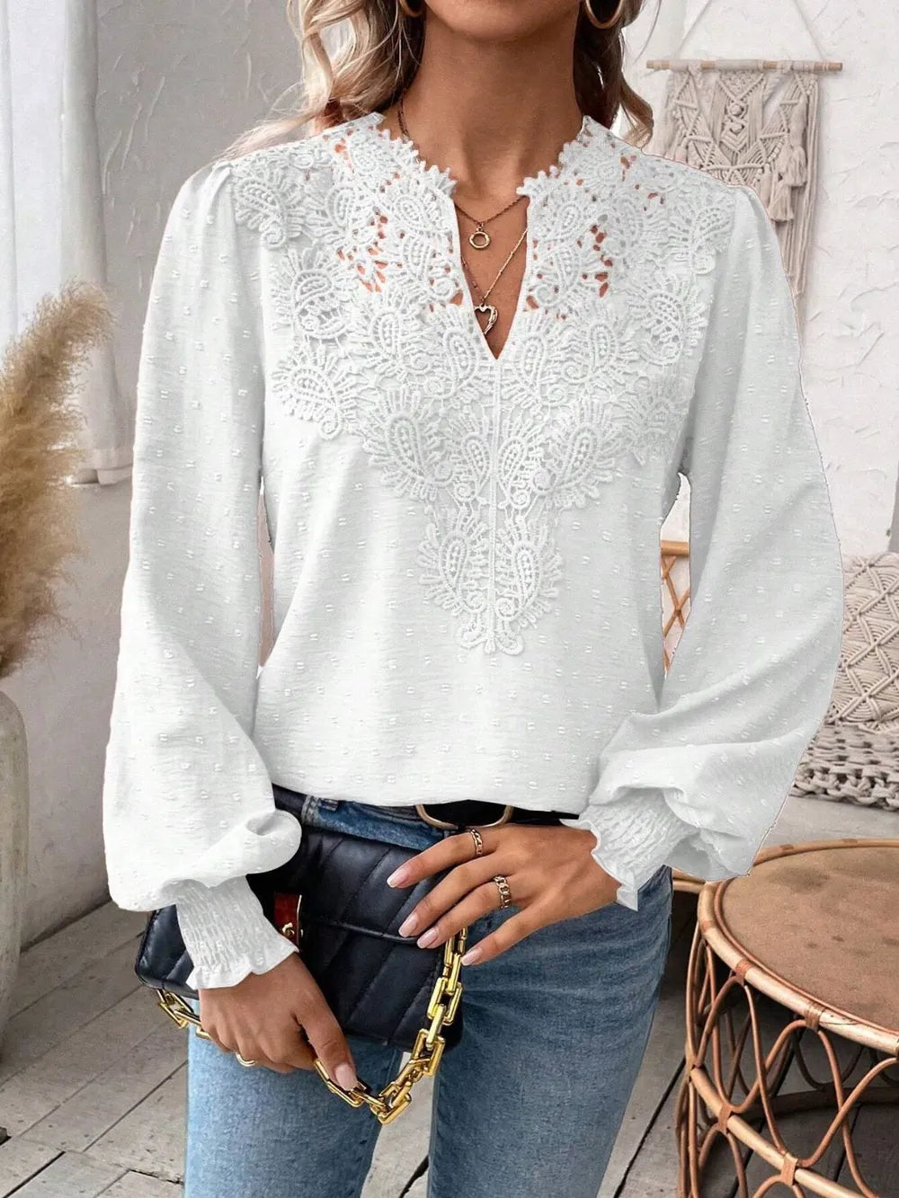 Swiss Dot Lace Detail Notched Long Sleeve Blouse 