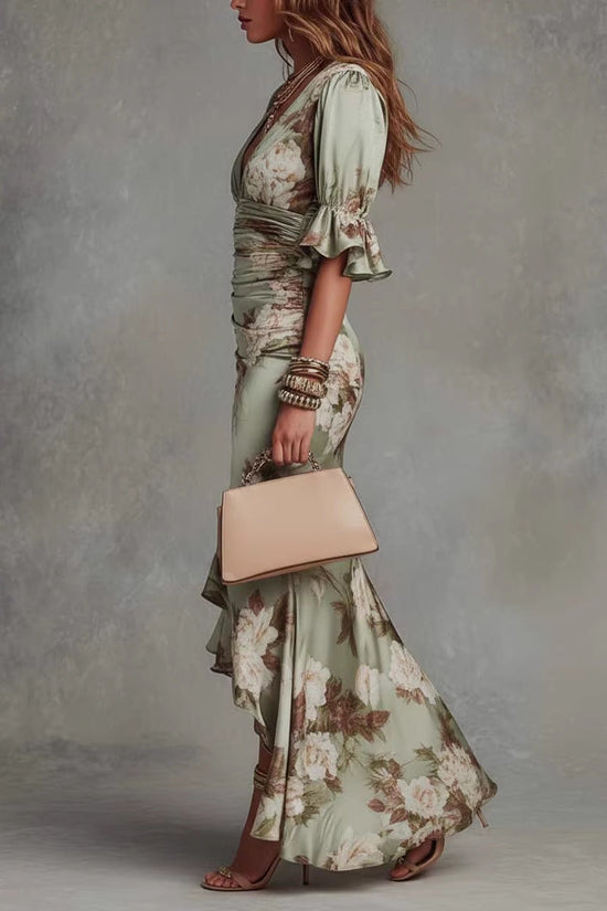 Elegant Long Dress with V-Neck, Fitted Silhouette, Floral Print and Ruffle Hem 