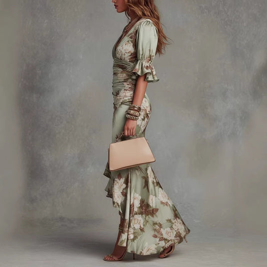 Elegant Long Dress with V-Neck, Fitted Silhouette, Floral Print and Ruffle Hem 