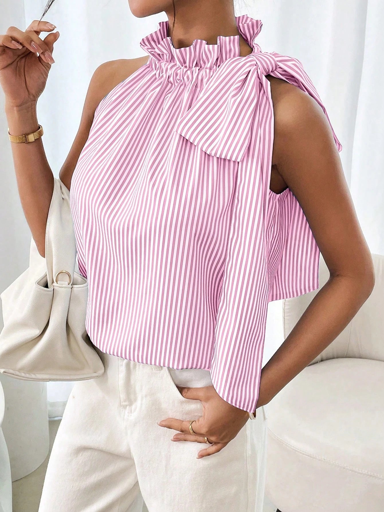 Fashionable Casual Sleeveless Striped Lace Trim High Neck Tie Knot T-Shirt Top 