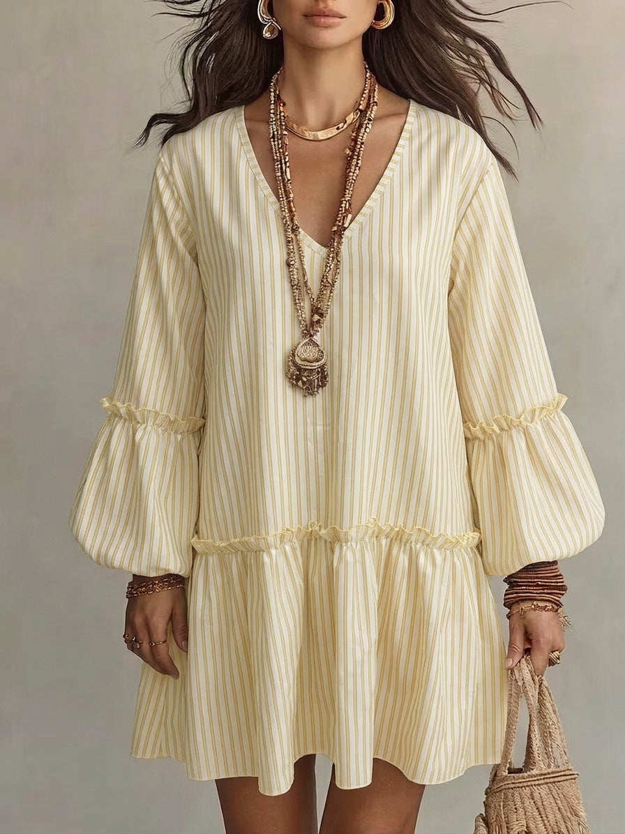 Style Autumn New Women's Long Sleeve Dress Stripe Print V-Neck Lantern Sleeve Loose Mini Dress 