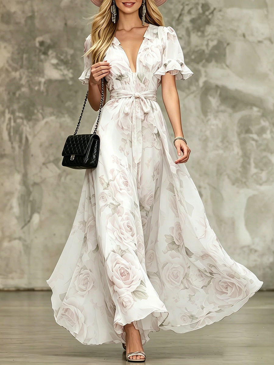 Deep V-neck ruffle sleeve printed dress 