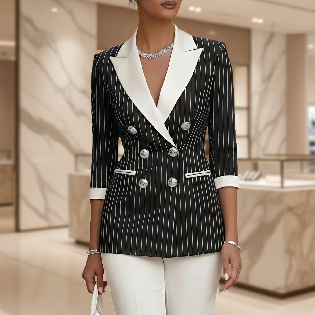 Style Black and White Thin Stripe Color-Blocked Notch Lapel Double-Breasted Three-Quarter Sleeve Suit Jacket for Women 