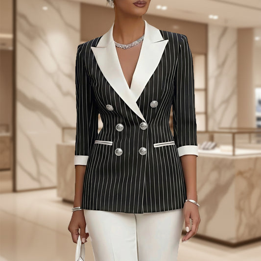 Style Black and White Thin Stripe Color-Blocked Notch Lapel Double-Breasted Three-Quarter Sleeve Suit Jacket for Women 