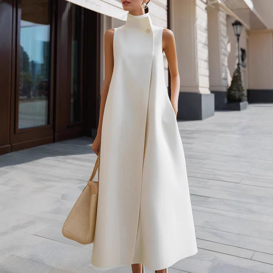 Elegant Sleeveless Long Dress with Stand Collar and Single Button Office Wear, Casual Fashion 
