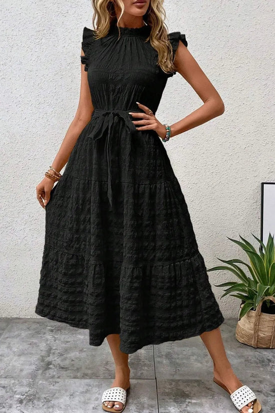 Tied Ruffled Cap Sleeve Midi Dress 