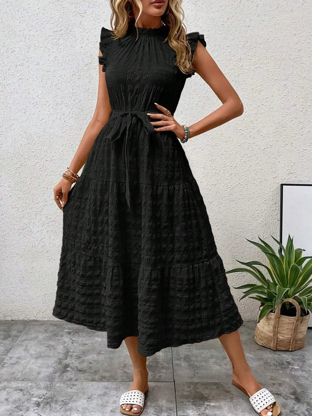 Tied Ruffled Cap Sleeve Midi Dress 