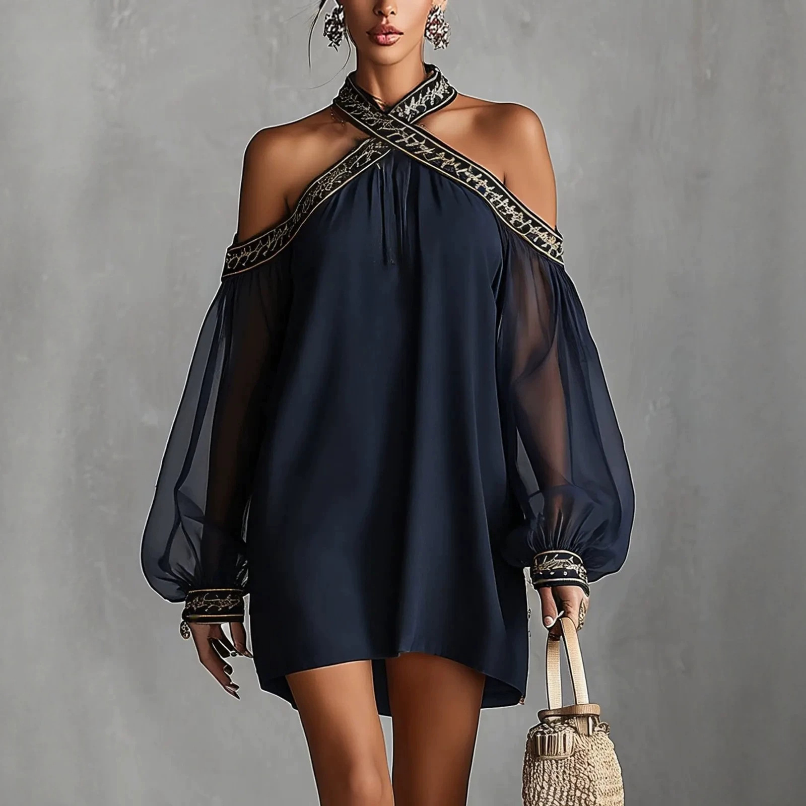 Fashion Design Embroidered Strapless Dress with Off-Shoulder Sheer Lantern Sleeve Loose Slimming Resort Style 