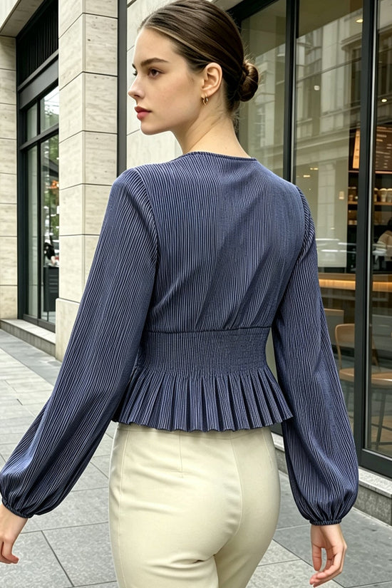 Stripe Blouse for Women V-Neck Ruffle Bow Puff Sleeve Elegant Date Top 