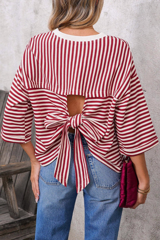 Round neck striped back tie bow pullover top 