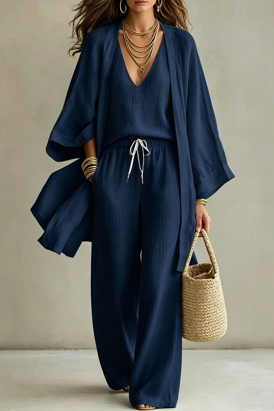 Loose cardigan sleeveless vest long pants three piece set for women
