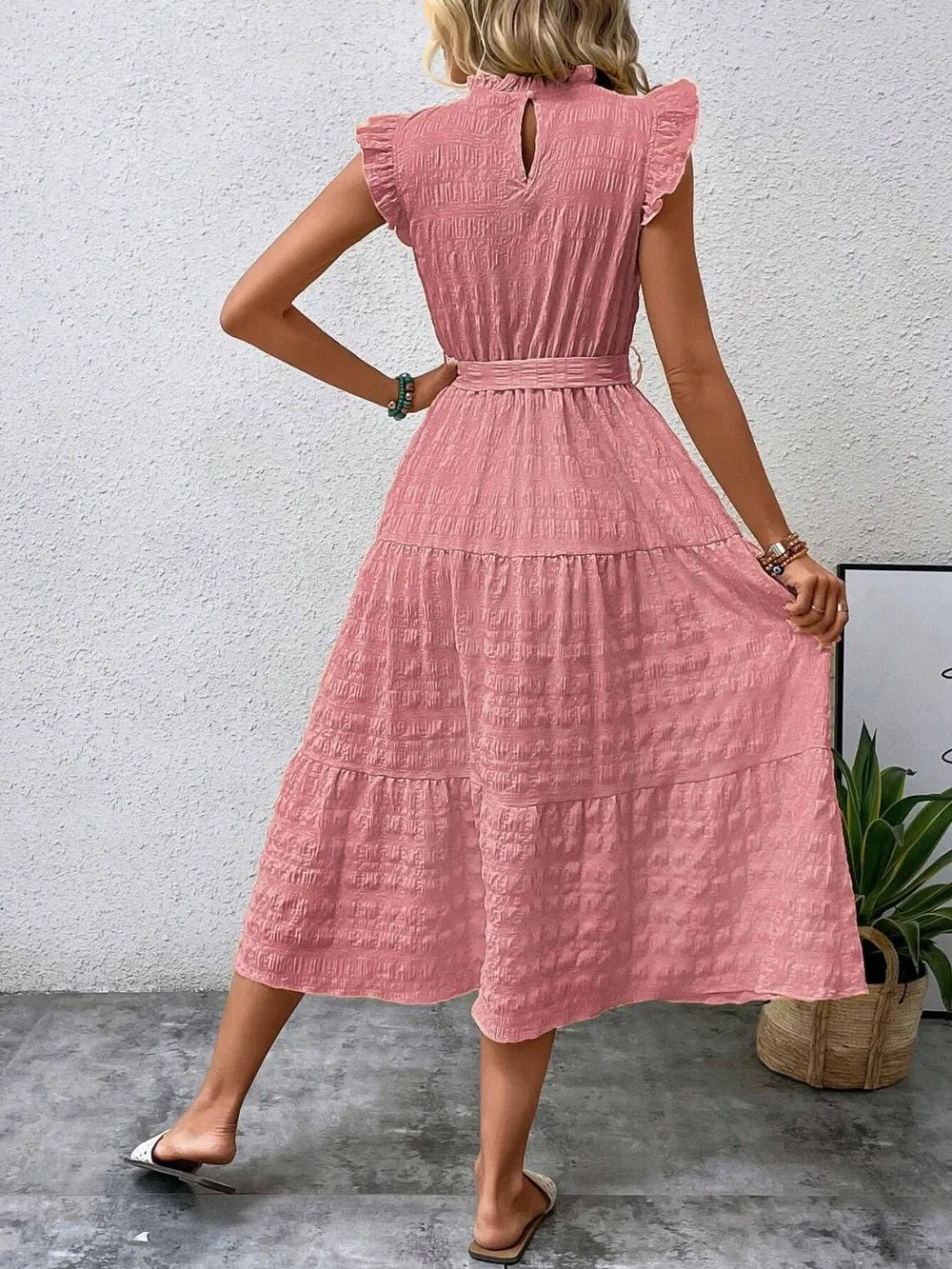 Tied Ruffled Cap Sleeve Midi Dress 