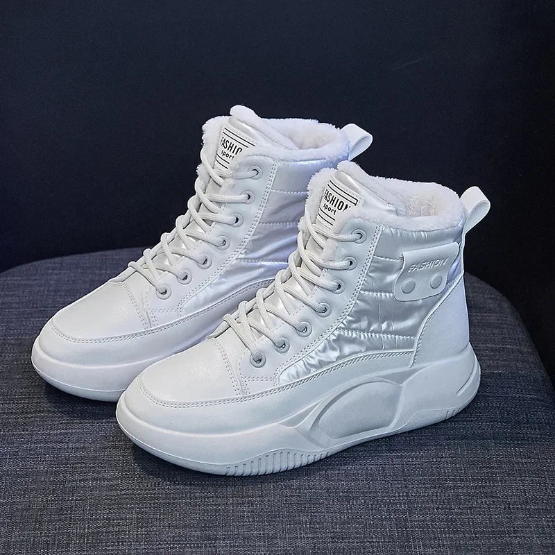 Snow Boots Women Non-slip Sneakers Winter Warm Fashion Lace Up Round Toe Thick Sole Plush Sport Cotton Shoes Short Boots 