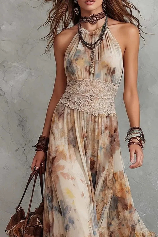 French Vintage Painted Floral Backless Strapless Summer Beach Vacation Long Dress 