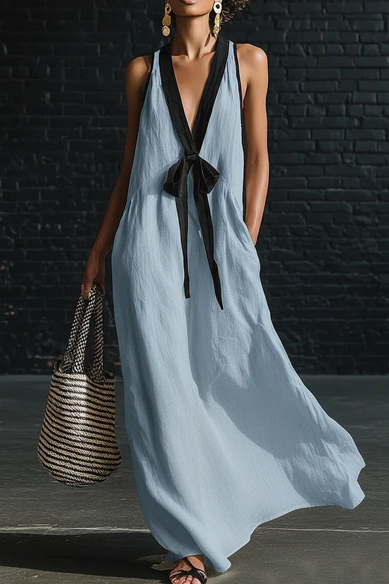 V-neck Strapless Sleeveless Resort-Style Long Simple Elegant Dress 