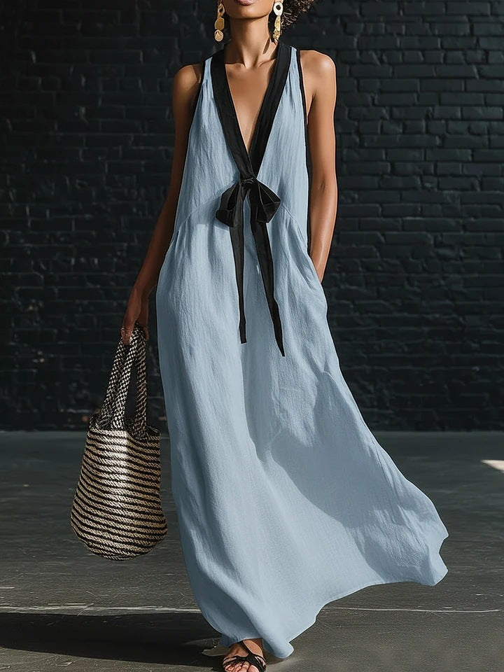 V-neck Strapless Sleeveless Resort-Style Long Simple Elegant Dress 