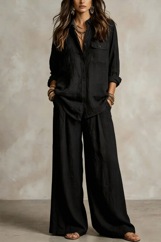 Chic Linen Set for Women, Breathable Lightweight Long Sleeve Shirt with Drapey Wide-Leg Pants, Vacation Style Casual Outfit 