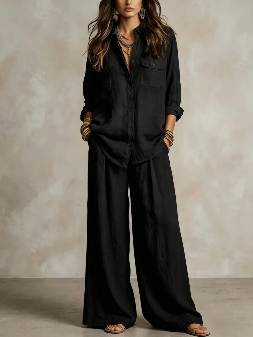 Chic Linen Set for Women, Breathable Lightweight Long Sleeve Shirt with Drapey Wide-Leg Pants, Vacation Style Casual Outfit 