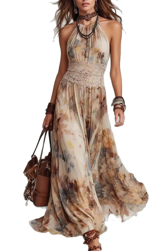 French Vintage Painted Floral Backless Strapless Summer Beach Vacation Long Dress 