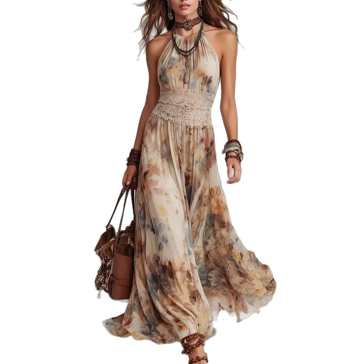 French Vintage Painted Floral Backless Strapless Summer Beach Vacation Long Dress 