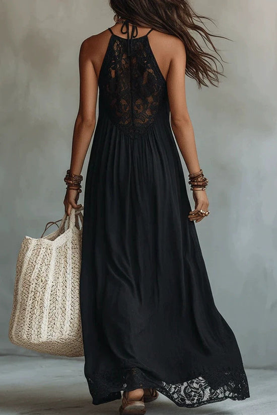Style Black Lace Trim Sleeveless Long Dress Loose Vacation Style Maxi Dress Lace Dress 