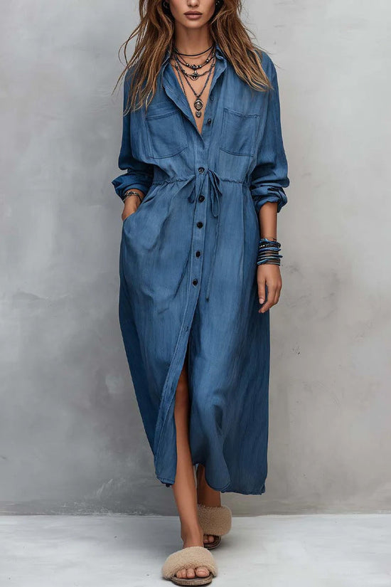 Spring and Autumn Casual Drawstring Waist Shirt Dress Loose Style for Women 
