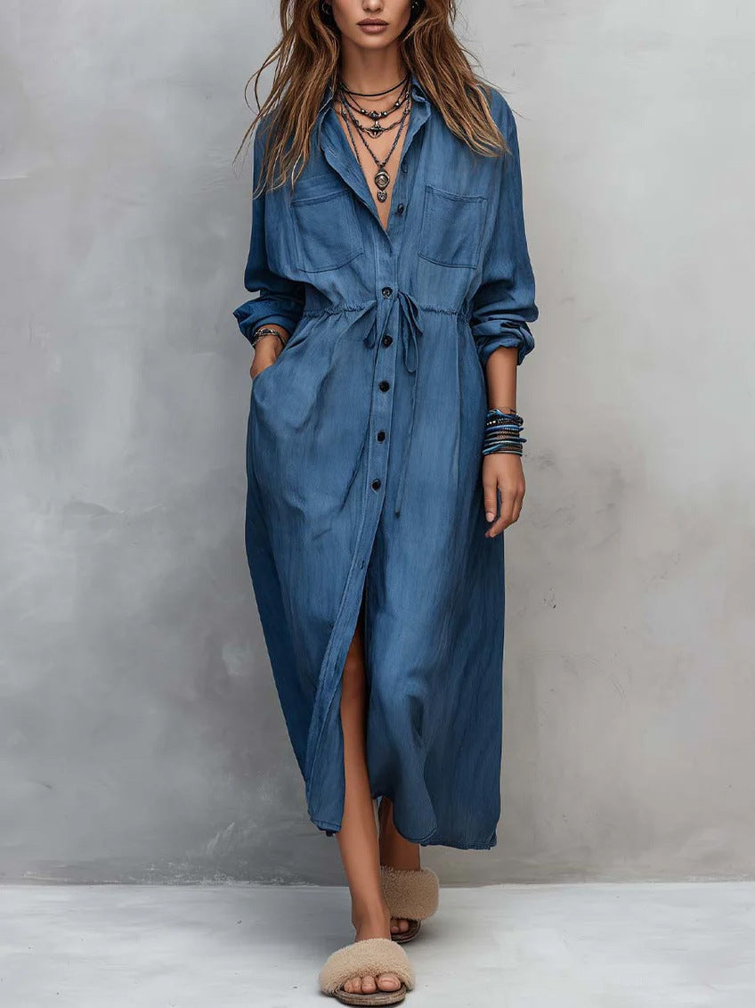 Spring and Autumn Casual Drawstring Waist Shirt Dress Loose Style for Women 
