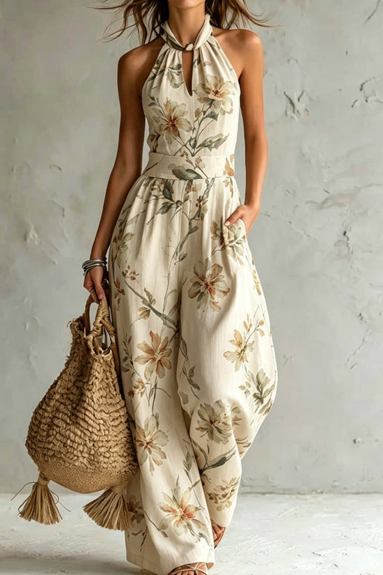 New halter backless jumpsuit, blue and white tie-dye wide-leg pants, summer beach women's wear 