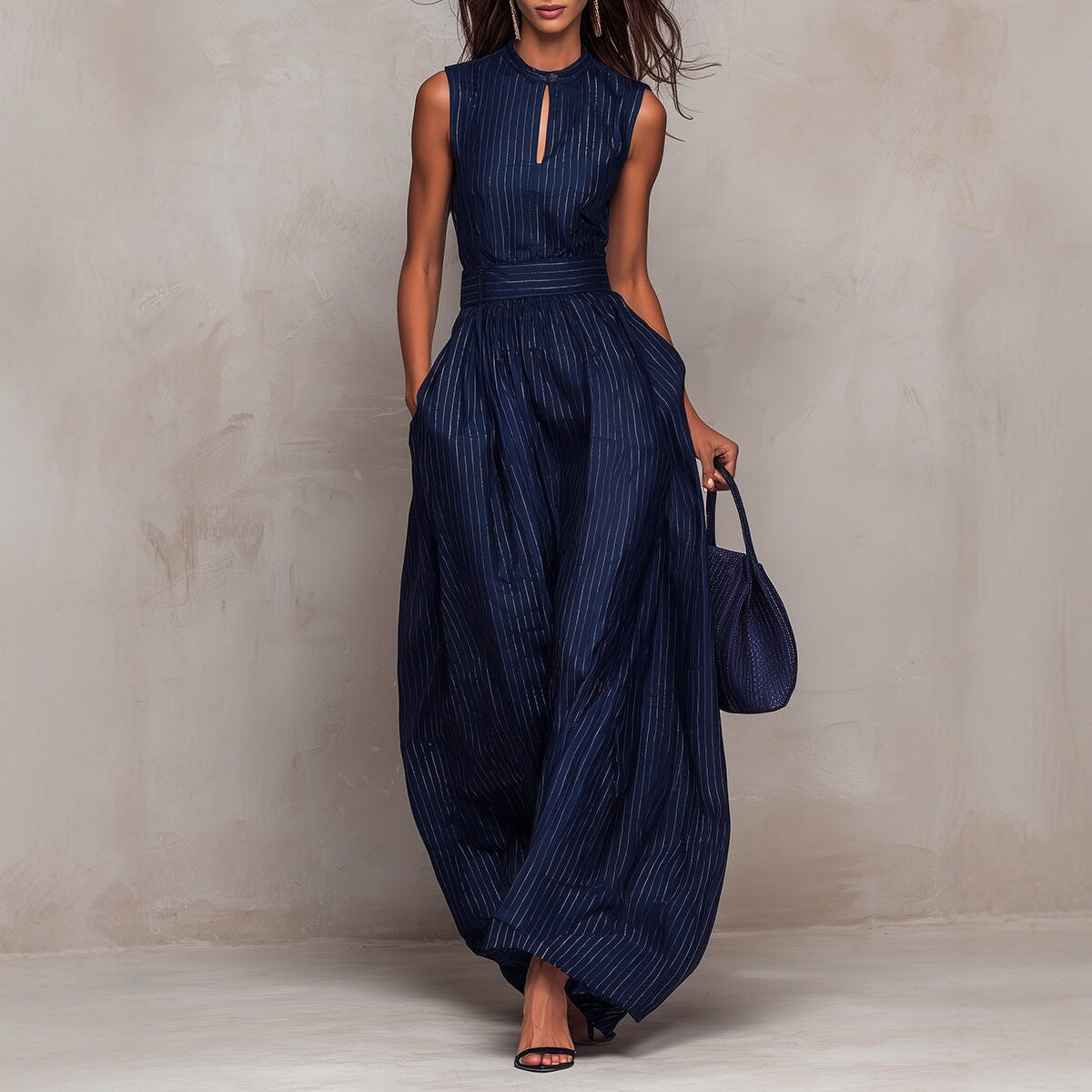 Deep blue striped sleeveless waist cinched wide leg jumpsuit 