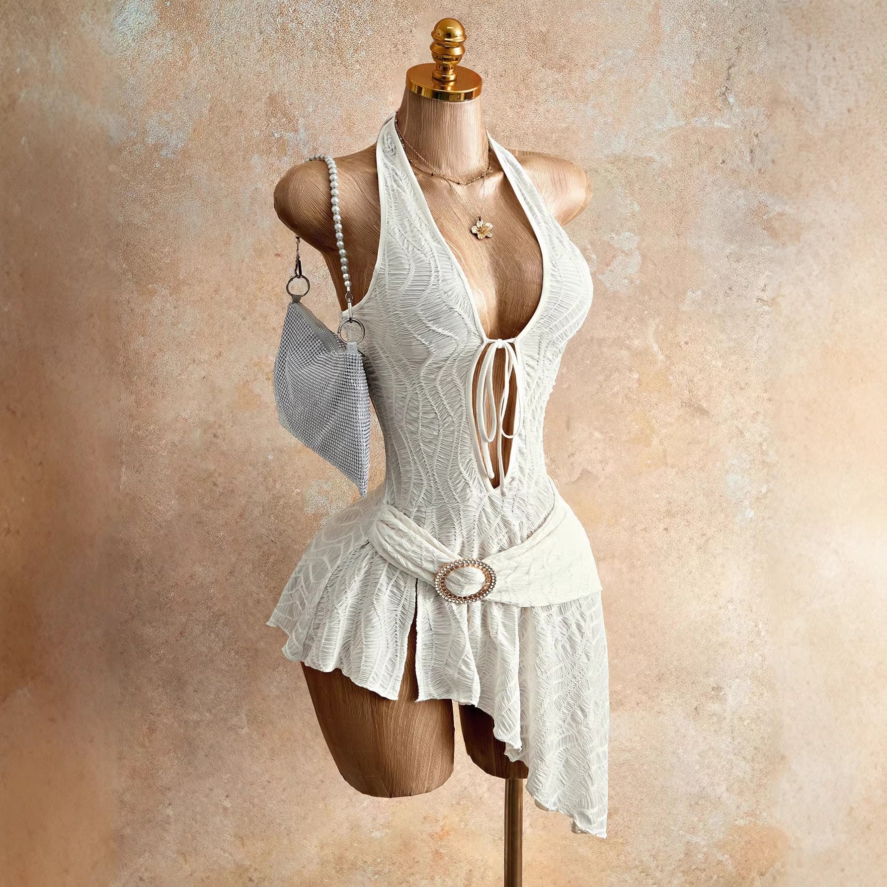 Deep V-Neck Tie-Up  Asymmetrical Dress White Strapless Irregular Hem 