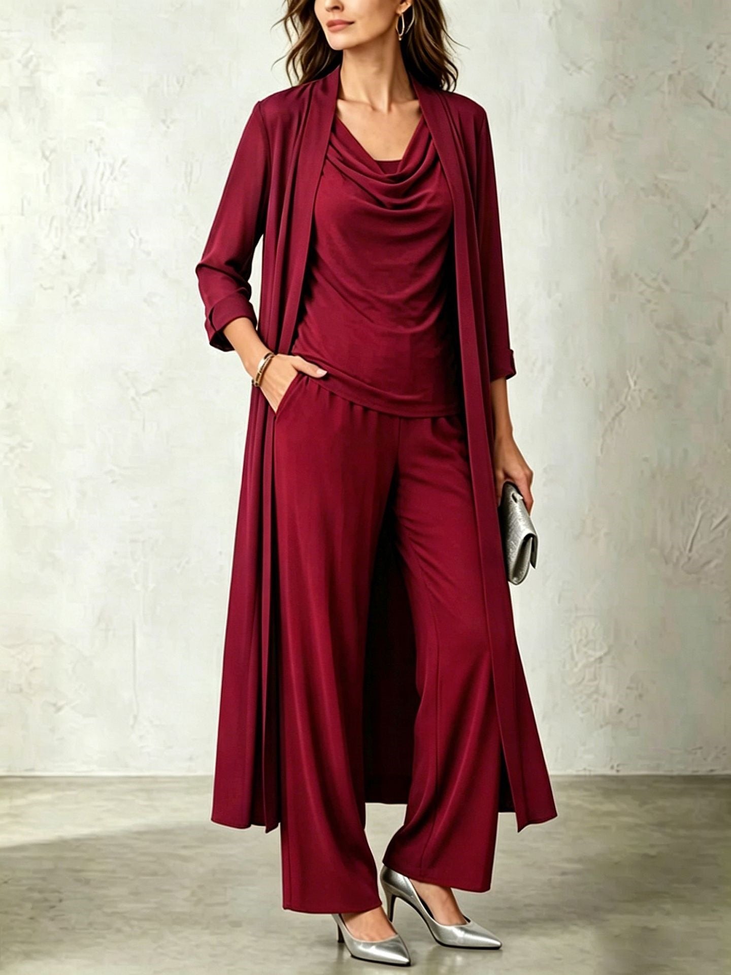 Long sleeved swing collar top long cardigan jacket long pants three piece set 
