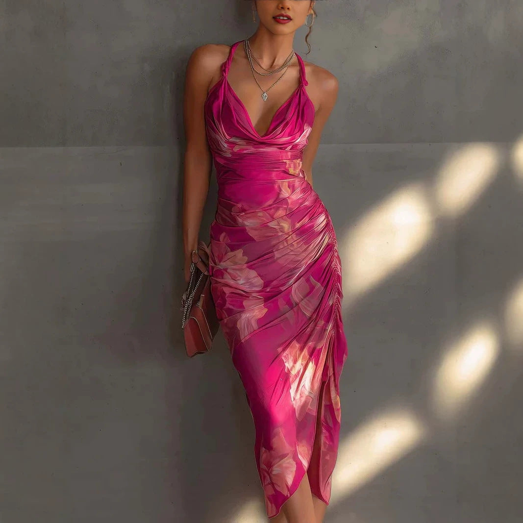 Backless Printed Strap Dress, Fitted Slim Fit High Slit Fashion Long Dress 
