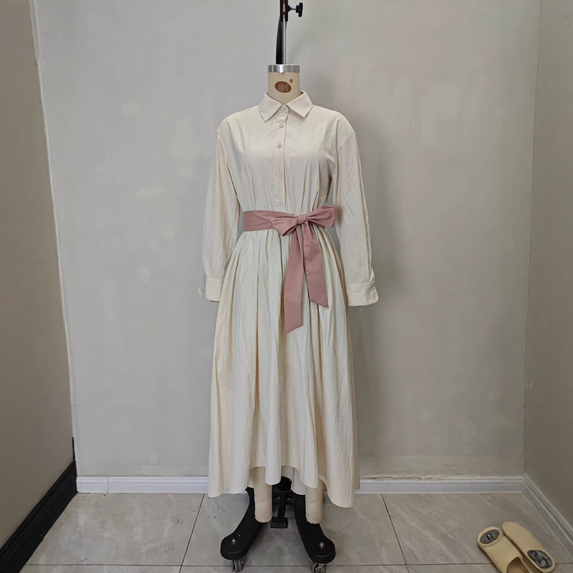 Long sleeved shirt collar solid color long skirt dress 