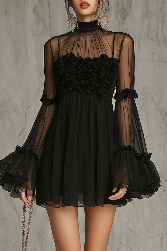 Floral Embroidered Sheer Lace Dress with High Neck and Flared Sleeve 