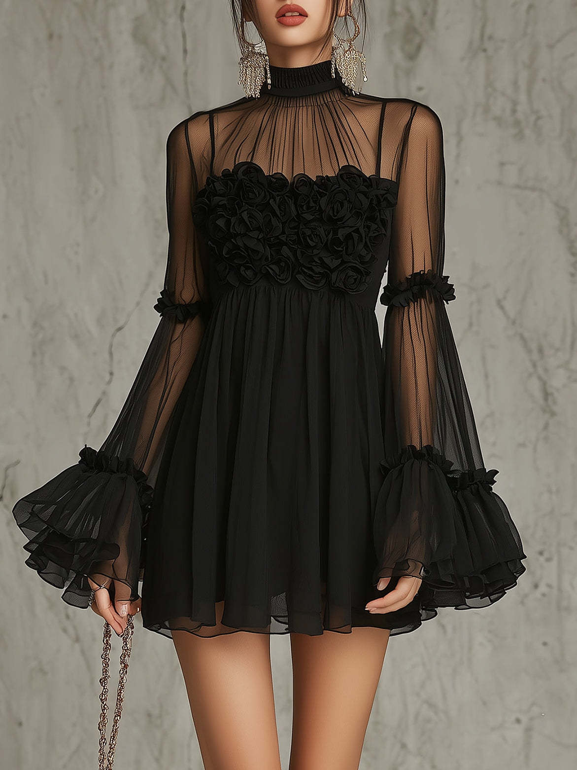 Floral Embroidered Sheer Lace Dress with High Neck and Flared Sleeve 