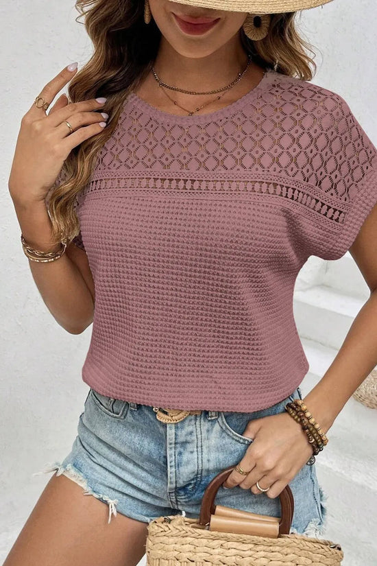 Waffle-Knit Round Neck Short Sleeve Top 