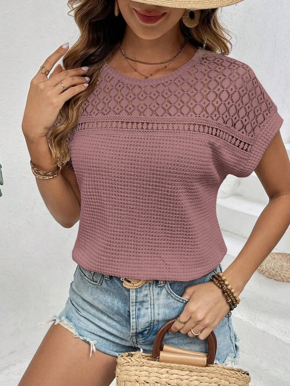 Waffle-Knit Round Neck Short Sleeve Top 