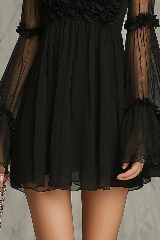 Floral Embroidered Sheer Lace Dress with High Neck and Flared Sleeve 