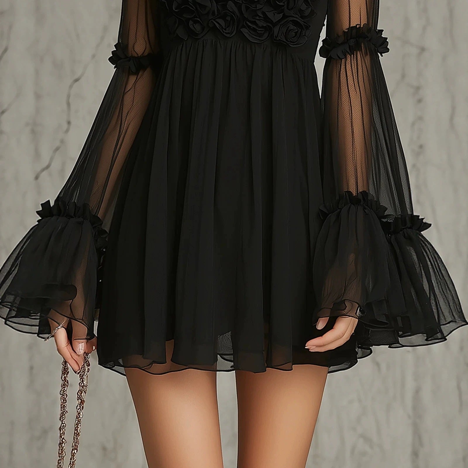 Floral Embroidered Sheer Lace Dress with High Neck and Flared Sleeve 