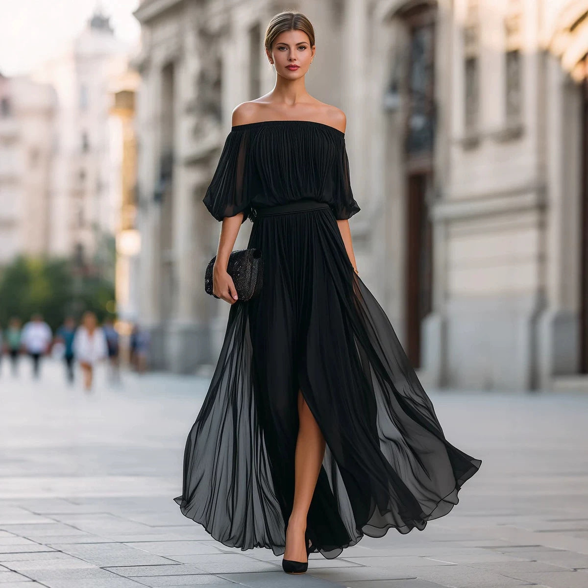 New Black Chiffon Maxi Dress with Split, One-Shoulder Design, Flowing and Draping Skirt 