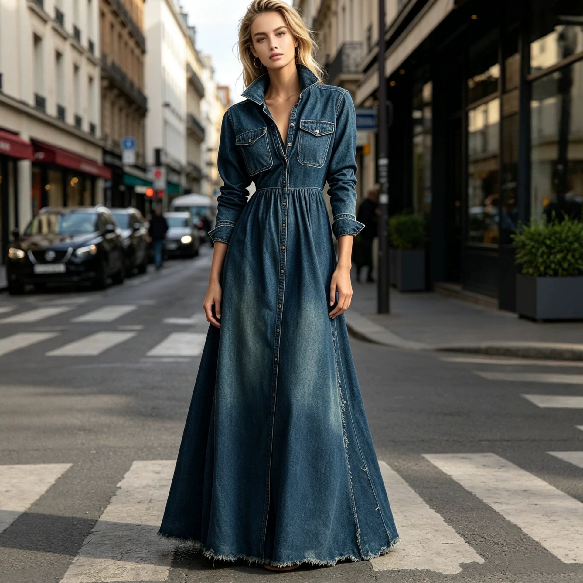 Style Retro Elegant Fitted Long Sleeve Denim Dress with Flared Skirt 