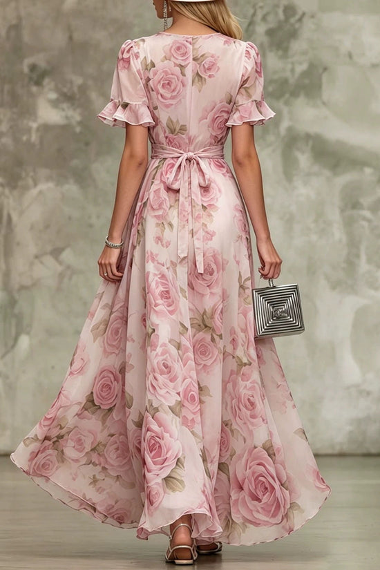 Deep V-neck ruffle sleeve printed dress 