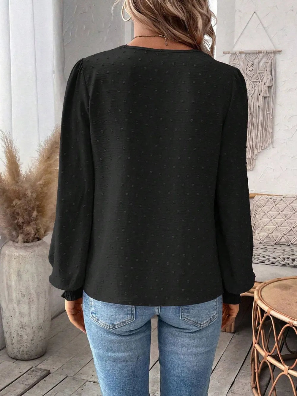 Swiss Dot Lace Detail Notched Long Sleeve Blouse 