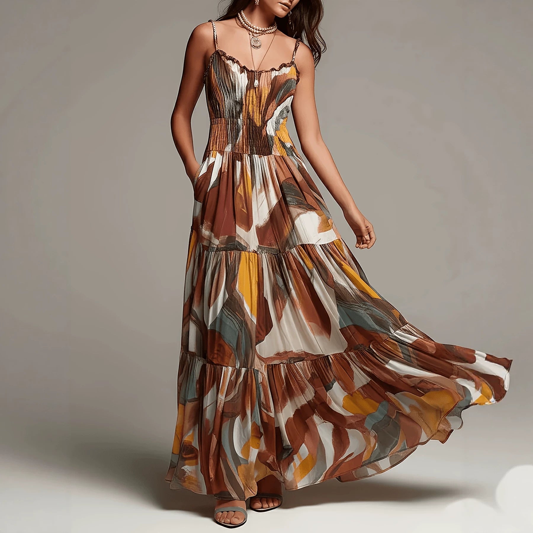 Thin shoulder strap pleated waist pocket dress 